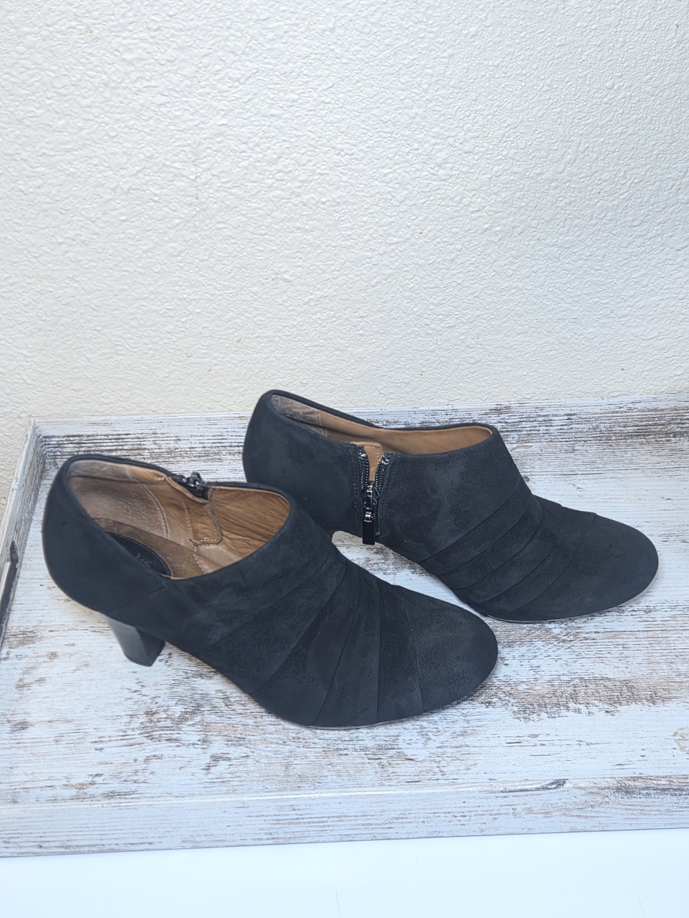 Clarks Black Suede Low Heel Ankle Booties with Side Zip